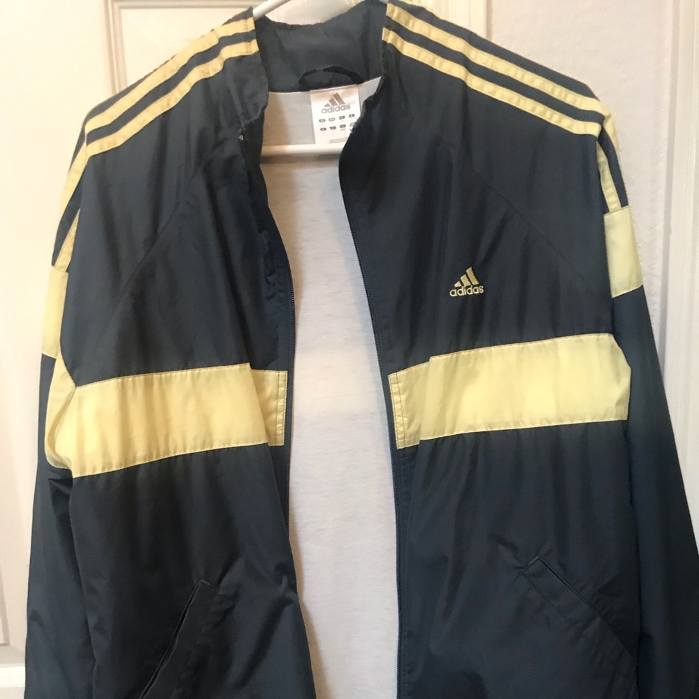 large Adidas windbreaker.  Navy blue/yellow